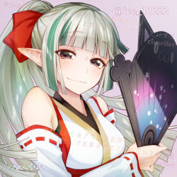 Rule 34 | 1girl, bare shoulders, blunt bangs, breasts, brown eyes, cluseller, commentary request, detached sleeves, dragon quest, dragon quest x, green hair, hair ribbon, hand fan, japanese clothes, kimono, long hair, medium breasts, miko, pointy ears, ponytail, portrait, red ribbon, ribbon, smile, solo, translation request