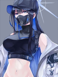 Rule 34 | 1girl, absurdres, bare shoulders, baseball cap, black hair, black hat, black shirt, blue archive, blue eyes, breasts, colored inner hair, grey background, hair between eyes, halo, hat, highres, jacket, jacket partially removed, kurou (bcrow), long hair, looking at viewer, mask, medium breasts, midriff, mouth mask, multicolored hair, navel, open clothes, open jacket, saori (blue archive), shirt, simple background, sleeveless, sleeveless shirt, solo, turtleneck, white jacket