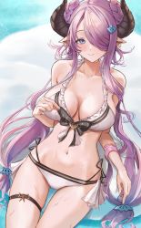 Rule 34 | 1girl, absurdres, bikini, blue eyes, braid, breasts, breasts apart, butterfly hair ornament, closed mouth, collarbone, draph, granblue fantasy, hair ornament, hair over one eye, highres, horns, huziko32, large breasts, long hair, looking at viewer, narmaya (granblue fantasy), narmaya (summer) (granblue fantasy), navel, pink hair, pointy ears, smile, solo, swimsuit, thigh strap, wet, white bikini