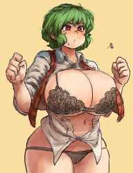Rule 34 | 1girl, black bra, black panties, blush, bra, breasts, brown background, bursting breasts, cameltoe, chanta (ayatakaoisii), cleavage, collared shirt, cowboy shot, curvy, dress shirt, female focus, green hair, hands up, highres, huge breasts, kazami yuuka, lace, lace bra, large breasts, long sleeves, lowleg, lowleg panties, navel, no pants, open clothes, open shirt, panties, plaid, plaid vest, popped button, red eyes, red vest, shirt, short hair, simple background, sketch, sleeves rolled up, solo, stomach, sweat, thick thighs, thighs, touhou, underwear, vest, wardrobe malfunction, white shirt, wide hips