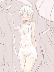 Rule 34 | 1girl, 2boys, blush, breasts, collarbone, dress, embarrassed, exhibitionism, grey background, grey eyes, highres, holding, jacket, kamome shop, long hair, looking back, looking down, medium breasts, multiple boys, navel, nipples, no panties, open mouth, pubic hair, public indecency, rain, see-through, shirt, short sleeves, shorts, standing, surprised, umbrella, wet, wet clothes, wet dress, white dress, white hair
