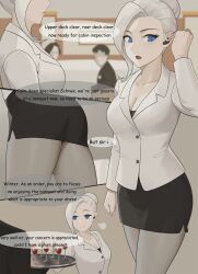 Rule 34 | 1girl, 4koma, ass, black skirt, blue eyes, breasts, cleavage, comic, cup, drinking glass, earpiece, english text, engrish text, grey pantyhose, hair bun, hand up, highres, jacket, large breasts, office lady, open mouth, pantyhose, pencil skirt, people, ranguage, rwby, skirt, speech bubble, tray, wangxiii, white hair, white jacket, wine glass, winter schnee
