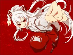 Rule 34 | 1girl, blurry, bow, depth of field, foreshortening, fujiwara no mokou, hair bow, highres, long hair, open mouth, pants, red background, red eyes, ribbon, smile, solo, suspenders, touhou, undertime, white hair