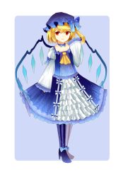 Rule 34 | &gt;:d, 1girl, :d, alternate color, alternate costume, arms at sides, ascot, asymmetrical clothes, blonde hair, blue bow, blue dress, bow, commentary request, crystal, dress, fangs, flandre scarlet, frilled sleeves, frills, full body, hat, hat bow, high heels, long sleeves, looking at viewer, mob cap, open mouth, red eyes, sakizaki saki-p, side ponytail, skirt, skirt set, smile, solo, standing, touhou, v-shaped eyebrows, wide sleeves, wings