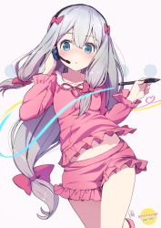 Rule 34 | 10s, 1girl, azumi akitake, blue eyes, blush, bow, breasts, collarbone, commentary request, copyright name, cowboy shot, eromanga sensei, hair bow, hair ribbon, headphones, izumi sagiri, long hair, looking at viewer, microphone, open mouth, pencil, pink shirt, pink shorts, ribbon, shirt, shorts, silver hair, small breasts, solo, standing, standing on one leg, white background