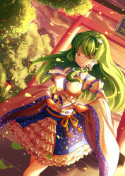 Rule 34 | 1girl, absurdres, adapted costume, detached sleeves, dutch angle, frilled skirt, frills, frog, frog hair ornament, gohei, green hair, hair ornament, hair tubes, highres, holding, japanese clothes, kochiya sanae, leaf, light particles, long hair, looking at viewer, miko, necktie, nontraditional miko, ofuda, oonusa, outdoors, raincat, shirt, skirt, smile, snake, solo, stairs, torii, touhou, tree, wide sleeves, wind, yellow eyes