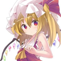 Rule 34 | 1girl, bare arms, bare shoulders, blonde hair, blush, bow, closed mouth, collared shirt, commentary request, crystal, flandre scarlet, hair between eyes, hat, hat bow, highres, long hair, mob cap, one side up, orange neckwear, red bow, red eyes, red vest, ryogo, shirt, simple background, sleeveless, sleeveless shirt, solo, sweat, touhou, vest, white background, white hat, white shirt, wings