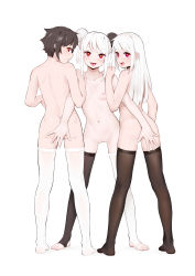 Rule 34 | 1boy, 2girls, absurdres, asymmetrical legwear, bisexual female, black hair, breasts, closed mouth, commentary request, covering privates, covering crotch, double bun, from behind, full body, hair bun, heart, heart-shaped pupils, highres, long hair, looking at viewer, looking back, mismatched legwear, multiple girls, nail polish, navel, nipples, no shoes, nude, open mouth, original, piercing, red eyes, simple background, small breasts, standing, star-kiss, star-shaped pupils, star (symbol), stirrup legwear, stomach, symbol-shaped pupils, thighhighs, toeless legwear, toenail polish, toenails, tongue, tongue out, tongue piercing, white background, white hair, white legwear, white nails