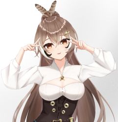 Rule 34 | 1girl, arms up, belt, brown corset, brown eyes, brown hair, cleavage cutout, clothing cutout, corset, dagger, double v, feather hair ornament, feathers, hair ornament, hairclip, highres, hololive, hololive english, kakiiro416, knife, long hair, looking at viewer, nanashi mumei, parted lips, ponytail, shirt, solo, v, very long hair, virtual youtuber, weapon, white shirt