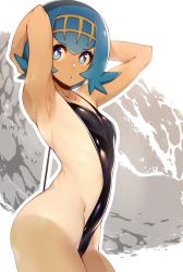 Rule 34 | 1girl, armpits, arms up, bad id, bad twitter id, black one-piece swimsuit, blue hair, blush, bright pupils, casual one-piece swimsuit, commentary, creatures (company), flat chest, from side, game freak, hair ornament, highres, lana (pokemon), looking at viewer, looking to the side, nintendo, one-piece swimsuit, one-piece tan, pokemon, pokemon sm, profile, shiny skin, short hair, slugbox, solo, standing, swimsuit, symbol-only commentary, tan, tanline, trial captain