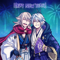 Rule 34 | 2boys, blonde hair, cape, cloak, corrin (fire emblem), corrin (male) (fire emblem), corrin (male) (fire emblem), fire emblem, fire emblem awakening, fire emblem fates, fireworks, gzei, hand fan, haori, happy new year, highres, japanese clothes, looking at viewer, multiple boys, new year, night, night sky, nintendo, open mouth, pointy ears, robin (fire emblem), robin (male) (fire emblem), short hair, silver hair, sky, smile, v