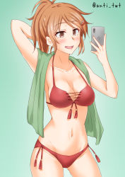 Rule 34 | 1girl, anti (untea9), aquila (kancolle), bikini, breasts, cellphone, cleavage, commentary request, contrapposto, cowboy shot, gradient background, green background, green towel, hair ornament, hairclip, high ponytail, highres, kantai collection, long hair, looking at phone, medium breasts, orange eyes, orange hair, phone, red bikini, side-tie bikini bottom, solo, standing, swimsuit, towel, towel around neck, twitter username, wavy hair