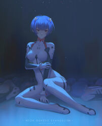Rule 34 | 1girl, ahoge, artist name, astrocatsama, ayanami rei, blue bow, blue hair, bodysuit, bow, closed mouth, copyright name, expressionless, full body, gloves, hair ornament, hand on own arm, highres, looking at viewer, neon genesis evangelion, plugsuit, red eyes, robot, short hair, sitting, solo, white bodysuit, white bracelet, white gloves, yokozuwari