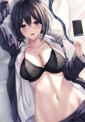 Rule 34 | 1girl, :d, black hair, blush, bra, breasts, cellphone, cleavage, collared shirt, hair between eyes, hair ornament, hairclip, large breasts, liya, long sleeves, looking at viewer, lying, navel, necktie, unworn necktie, on back, open clothes, open mouth, original, phone, pillow, purple eyes, shirt, short hair, skirt, smartphone, smile, solo, underwear