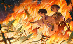 Rule 34 | 2boys, armor, belt, black bodysuit, black hair, black kimono, black sleeves, bodysuit, burning, dual persona, english text, eyeliner, eyeshadow, feathers, fire, genshin impact, gold, gold trim, hand on another&#039;s face, highres, japanese armor, japanese clothes, jewelry, kariginu, kimono, kote, kurokote, layered sleeves, leaf, makeup, mandarin collar, mitsudomoe (shape), multicolored hair, multiple boys, neck ring, o-ring, open clothes, open hand, open kimono, outstretched arm, parted bangs, parted lips, pom pom (clothes), purple belt, purple eyes, purple hair, purple sash, purple sleeves, qiao2121, rain, reaching towards another, red eyeliner, red eyeshadow, red rope, red sash, red trim, rope, sash, scaramouche (genshin impact), scaramouche (kabukimono) (genshin impact), short sleeves, tassel, tears, tomoe (symbol), two-tone hair, white kimono, white trim, wide sleeves