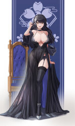 Rule 34 | 1girl, absurdres, animal ears, azur lane, black choker, black dress, black hair, black thighhighs, bracelet, breasts, chair, choker, choukai (azur lane), cleavage, commission, dog ears, dress, floppy ears, full body, garter belt, garter straps, hair ornament, hand up, highres, jewelry, large breasts, long hair, looking at viewer, low neckline, open mouth, pixiv commission, sakura empire (emblem), shio05 (05 sio), smile, solo, standing, swept bangs, thighhighs, yellow eyes