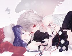 Rule 34 | 2girls, biyon, black dress, black thighhighs, blue eyes, blue hair, blue nails, commentary, doremy sweet, dress, fingernails, grey hair, hat, kishin sagume, multiple girls, nail polish, nightcap, open mouth, pom pom (clothes), red eyes, red headwear, short hair, single wing, smile, symbol-only commentary, tapir, thighhighs, touhou, twitter username, white dress, white wings, wings