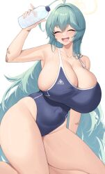 Rule 34 | 1girl, :d, ^ ^, ahoge, aqua hair, arm up, bandaid, bare arms, bare shoulders, blue archive, blue one-piece swimsuit, bottle, breasts, cleavage, closed eyes, commentary, covered navel, groin, hair intakes, highres, holding, holding bottle, huge breasts, kneeling, kuavera, one-piece swimsuit, open mouth, smile, solo, swimsuit, thighs, water bottle, yume (blue archive)
