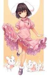 Rule 34 | 1girl, :3, animal, animal ears, black hair, breasts, carrot necklace, closed mouth, clothes lift, dress, dress lift, highres, inaba mob (touhou), inaba tewi, looking at viewer, midori (misuriru8), necklace, one eye closed, pink dress, rabbit, rabbit ears, red eyes, short hair, short sleeves, small breasts, smile, touhou