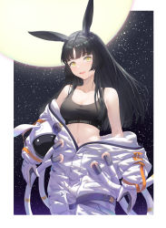 Rule 34 | 1girl, :d, absurdres, animal ears, astronaut, bare shoulders, black hair, character request, copyright request, cowboy shot, crop top, gloves, helmet, highres, holding, holding helmet, long hair, looking at viewer, midriff, moon, navel, night, night sky, off shoulder, open mouth, rabbit ears, sky, smile, solo, space helmet, sports bra, standing, star (sky), starry sky, stomach, white gloves, yellow eyes, yinghuahua