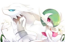 Rule 34 | back-to-back, blue eyes, closed mouth, commentary request, creatures (company), flower, game freak, gardevoir, gen 3 pokemon, gen 5 pokemon, goma (nabepa nabepa), highres, holding, holding flower, legendary pokemon, looking back, mega gardevoir, mega pokemon, nintendo, pokemon, pokemon (creature), purple eyes, reshiram, white background, white flower