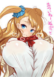 Rule 34 | 10s, 1girl, absurdres, asymmetrical hair, blonde hair, blue eyes, breasts, cardigan, covered erect nipples, dress shirt, galko, hair bun, hair ornament, hair scrunchie, highres, huge breasts, looking at viewer, no bra, open cardigan, open clothes, oshiete! galko-chan, sankakusui, school uniform, scrunchie, shirt, side bun, simple background, single side bun, solo, text focus, translated, white background