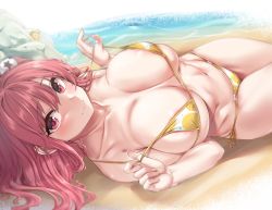 Rule 34 | 1girl, areola slip, azur lane, beach, bikini, blush, breasts, closed mouth, collarbone, dead or alive, dead or alive xtreme, fingernails, groin, hair between eyes, honoka (doa), large breasts, lifting own clothes, long fingernails, looking at viewer, lying, manjuu (azur lane), moisture (chichi), navel, on back, pink eyes, pink hair, sand, side-tie bikini bottom, smile, solo, strap lift, string bikini, swimsuit, unfinished