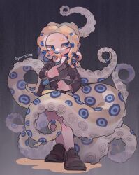 Rule 34 | 1girl, artist name, black footwear, black jacket, blue-ringed octopus, blue eyes, blue necktie, collared shirt, covering own mouth, full body, highres, iguana152588, jacket, necktie, nintendo, octoling, octoling girl, octoling player character, original, shirt, shoes, solo, splatoon (series), standing, suction cups, tentacle hair, tentacles, white shirt, yellow eyes