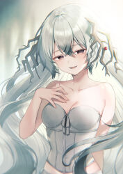 Rule 34 | 1girl, antlers, bare arms, bare shoulders, blurry, blurry background, bodice, brown eyes, collarbone, commentary, depth of field, grey hair, hair between eyes, half-closed eyes, hand up, horns, long hair, looking at viewer, midorikawa you, original, parted lips, smile, solo, symbol-only commentary, upper body, very long hair
