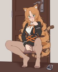 Rule 34 | 1girl, :o, absurdres, animal ears, arknights, asphyxiation, black jacket, brown pantyhose, cellphone, doorknob, female masturbation, fingering, green eyes, highres, jacket, looking at viewer, masturbation, no pants, orange hair, pantyhose, phone, pussy, rope, shirt, smartphone, solo, swire (arknights), tail, thighs, tiger ears, tiger girl, tiger tail, torn clothes, torn pantyhose, urgo (gdns4584), white shirt