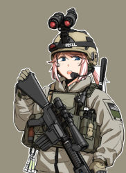 Rule 34 | american flag, gloves, gun, helmet, laser sight, leupold optics, load bearing vest, looking at viewer, magazine (weapon), military, night-vision device, original, rifle, scope, shino (r shughart), simple background, sniper rifle, solo, sr-25, weapon