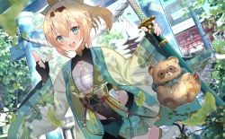 Rule 34 | 1girl, :d, architecture, black gloves, blonde hair, blue eyes, breasts, chest sarashi, cleavage, dated, east asian architecture, falling leaves, gloves, green skirt, hair between eyes, hair ornament, haori, highres, holding, holding sword, holding weapon, hololive, japanese clothes, katana, kazama iroha, leaf, leaf hair ornament, long hair, looking at viewer, nozomi fuuten, open mouth, outdoors, partially fingerless gloves, pleated skirt, pokobee, ponytail, sarashi, sheath, sheathed, shrug (clothing), signature, skirt, smile, sword, thighhighs, torii, virtual youtuber, weapon, white thighhighs, wide sleeves