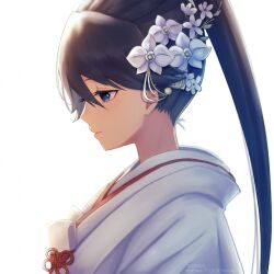 Rule 34 | 1girl, artist name, black hair, blue eyes, closed mouth, dated, flower, from side, hair between eyes, hair flower, hair ornament, haruka faraway716, highres, houshou (kancolle), japanese clothes, kantai collection, kimono, long hair, ponytail, profile, shiromuku, simple background, solo, twitter username, uchikake, white background, white flower