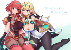 Rule 34 | 2girls, backless dress, backless outfit, bare shoulders, black gloves, blonde hair, bob cut, breasts, chest jewel, cleavage, cleavage cutout, clothing cutout, dress, earrings, elbow gloves, fingerless gloves, gloves, highres, jewelry, large breasts, long hair, multiple girls, mythra (massive melee) (xenoblade), mythra (xenoblade), pantyhose, pantyhose under shorts, ponponmaru, pyra (xenoblade), red eyes, red hair, red shorts, short dress, short hair, short shorts, shorts, swept bangs, thigh strap, thighhighs, tiara, very long hair, white dress, white gloves, xenoblade chronicles (series), xenoblade chronicles 2, yellow eyes