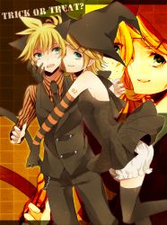 Rule 34 | 1boy, 1girl, aqua eyes, bad id, bad pixiv id, black dress, black necktie, black thighhighs, blonde hair, bloomers, brother and sister, dress, elbow gloves, formal, gloves, hair ornament, hairclip, halloween, hat, highres, kagamine len, kagamine rin, leg up, looking at another, looking at viewer, necktie, noka (blackheart1118), one eye closed, orange shirt, pants, shirt, short dress, short hair, siblings, sleeveless, sleeveless dress, smile, striped clothes, striped gloves, striped shirt, suit, sweatdrop, thighhighs, trick or treat, twins, underwear, vertical-striped clothes, vertical-striped shirt, vest, vocaloid, wink, witch hat, zettai ryouiki, zoom layer
