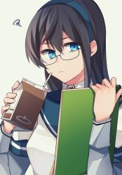Rule 34 | 1girl, black hair, blue eyes, blue hairband, blue sailor collar, carton, chocolate milk, closed mouth, commentary, drinking straw, glasses, grey background, hair between eyes, hairband, highres, holding, kantai collection, katsuobushi (eba games), long hair, long sleeves, looking at viewer, milk carton, ooyodo (kancolle), sailor collar, school uniform, serafuku, simple background, solo, squiggle, upper body