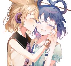 Rule 34 | 2girls, absurdres, black sailor collar, blonde hair, blue dress, blue hair, blush, bracer, closed eyes, closed mouth, commentary request, dress, earmuffs, flat chest, hair between eyes, hair ornament, hair rings, hair stick, hand on another&#039;s cheek, hand on another&#039;s face, highres, j (ppxx3543), kaku seiga, long bangs, multiple girls, neck ribbon, open clothes, open mouth, open vest, pointy hair, purple ribbon, ribbon, sailor collar, shirt, short hair, simple background, sleeveless, sleeveless shirt, smile, touhou, toyosatomimi no miko, upper body, vest, white background, white shirt, white vest, yuri
