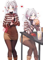 Rule 34 | 1girl, :t, absurdres, alternate costume, artist name, bag, blush, brown pantyhose, brown skirt, burger, casual, closed mouth, commentary, cup, disposable cup, eating, elbows on table, elf, english commentary, food, french fries, frieren, green eyes, heart, highres, holding burger, holding food, invisible chair, looking to the side, mcdonald&#039;s, multiple views, noodychaan, pantyhose, pink bag, pointy ears, product placement, shirt, shoulder bag, simple background, sitting, skirt, solo, sousou no frieren, spoken heart, striped clothes, striped shirt, table, teardrop earrings, thighs, turtleneck, turtleneck shirt, twintails, white background, white hair