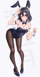 Rule 34 | 1girl, animal ears, text background, black bow, black bowtie, black eyes, black footwear, black hair, black leotard, black pantyhose, bow, bowtie, commentary request, detached collar, fake animal ears, full body, grin, high heels, highres, igarashi kyouhei, leaning forward, leotard, looking at viewer, love live!, love live! sunshine!!, love live! sunshine!! the school idol movie over the rainbow, pantyhose, playboy bunny, rabbit ears, rabbit tail, salute, short hair, smile, solo, strapless, strapless leotard, tail, watanabe tsuki, white background, wrist cuffs
