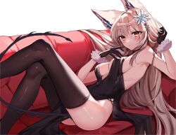 Rule 34 | 1girl, animal, animal ear fluff, black dress, black gloves, black thighhighs, blush, breasts, brown eyes, brown hair, cleavage, commentary request, commission, couch, demon tail, dress, flower, gloves, grey background, hair between eyes, hair flower, hair ornament, hannahkwok4, highres, long hair, looking at viewer, medium breasts, original, parted lips, pixiv commission, sideboob, simple background, sitting, solo, tail, thighhighs, thighs, very long hair, virtual youtuber