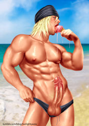 Rule 34 | 1boy, abs, bara, beach, blonde hair, erection, facial hair, final fantasy, food, highres, ice cream, licking, looking at viewer, male focus, muscular, ocean, outdoors, pectorals, penis, public indecency, snow villiers, solo, summer, tongue, tongue out, undressing