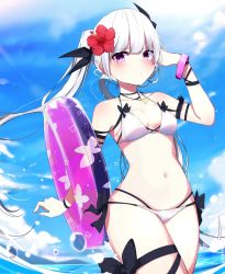 Rule 34 | 1girl, bare shoulders, bikini, black ribbon, blue sky, breasts, choker, cleavage, closed mouth, cloud, cloudy sky, collarbone, commentary request, cowboy shot, day, floating hair, flower, frown, hair flower, hair ornament, hair ribbon, halterneck, hand up, hibiscus, ichiki 1, innertube, long hair, looking at viewer, medium breasts, navel, ocean, original, outdoors, purple eyes, red flower, ribbon, sky, solo, standing, stomach, swim ring, swimsuit, thigh strap, thighs, twintails, very long hair, water, white bikini, white hair, wristband