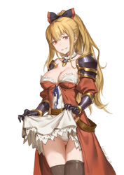 Rule 34 | 10s, 1girl, belt, black bow, black thighhighs, blonde hair, bow, breasts, cancer (zjcconan), cleavage, clothes lift, collarbone, dress, dress lift, empty eyes, female focus, gauntlets, granblue fantasy, grin, hair between eyes, hair bow, large breasts, long hair, looking away, looking to the side, panties, ponytail, purple ribbon, red eyes, ribbon, shoulder pads, sidelocks, smile, solo, thighhighs, underwear, vira (granblue fantasy), white panties