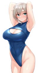Rule 34 | 1girl, :o, anastasia (idolmaster), armpits, arms up, blush, breasts, cleavage, cleavage cutout, clothing cutout, covered navel, earrings, grey hair, groin, highres, idolmaster, idolmaster cinderella girls, jewelry, large breasts, looking at viewer, one-piece swimsuit, short hair, simple background, solo, stud earrings, swimsuit, tomajiyama, water drop, white background