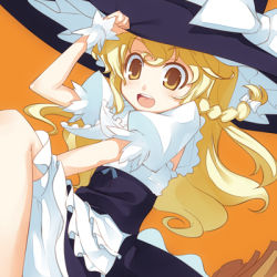 Rule 34 | 1girl, blonde hair, broom, broom riding, female focus, hand on headwear, hat, kirisame marisa, lowres, shingo (missing link), solo, touhou, witch, witch hat