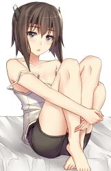 Rule 34 | 10s, 1girl, :o, bad id, bad pixiv id, bare shoulders, barefoot, bed sheet, bike shorts, black shorts, breasts, brown hair, cleavage, collarbone, expressionless, hair between eyes, headband, highres, jitome, kantai collection, knees up, legs up, looking at viewer, medium breasts, on bed, open mouth, pallad, short hair, shorts, simple background, sitting, sleeveless, solo, strap slip, taihou (kancolle), tank top, white background