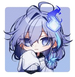 Rule 34 | 1boy, :3, androgynous, antenna hair, blue eyes, blue fire, blue hair, closed mouth, commentary request, coojisan, fire, holostars, jacket, looking at viewer, male focus, messy hair, minase rio, shirt, sleeves past fingers, sleeves past wrists, solo, virtual youtuber