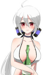 Rule 34 | ahoge, between breasts, bottle, breasts, choker, cleavage, hair ribbon, large breasts, looking at viewer, me ro, ponytail, red eyes, ribbon, silver hair, solo, swimsuit, vocaloid, yowane haku