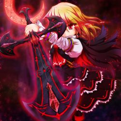 Rule 34 | 1girl, adapted costume, ascot, blonde hair, cape, crescent, ex-rumia, female focus, glowing, glowing eyes, highres, long sleeves, puffy sleeves, red eyes, rumia, short hair, smile, solo, sore (whirlwind), sword, touhou, weapon