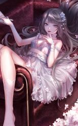 Rule 34 | 1girl, 1other, artist request, bare arms, bare legs, bare shoulders, black hair, breasts, choker, cleavage, collarbone, commentary request, couch, dress, finger to mouth, flower, grey eyes, hair flower, hair ornament, highres, holding hands, lilith (shining nikki), lipstick, long hair, looking at viewer, lying, makeup, medium breasts, nightgown, parted lips, shining nikki, smile, white choker, white dress, white nightgown